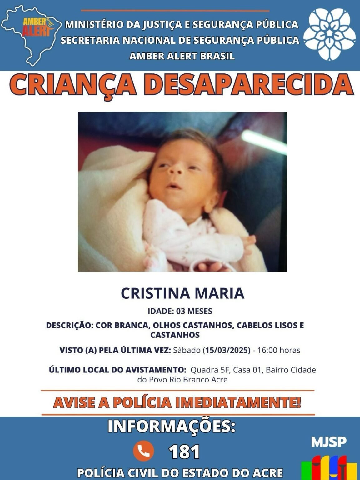 Polícia Civil do Acre registra bebê desaparecida após assassinato da mãe